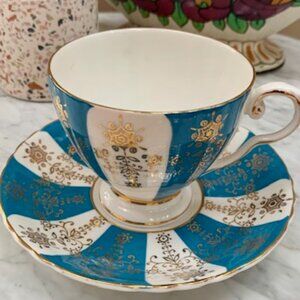 Royal Grafton Bone China Tea Cup and Saucer. Turquoise, White and Gold.